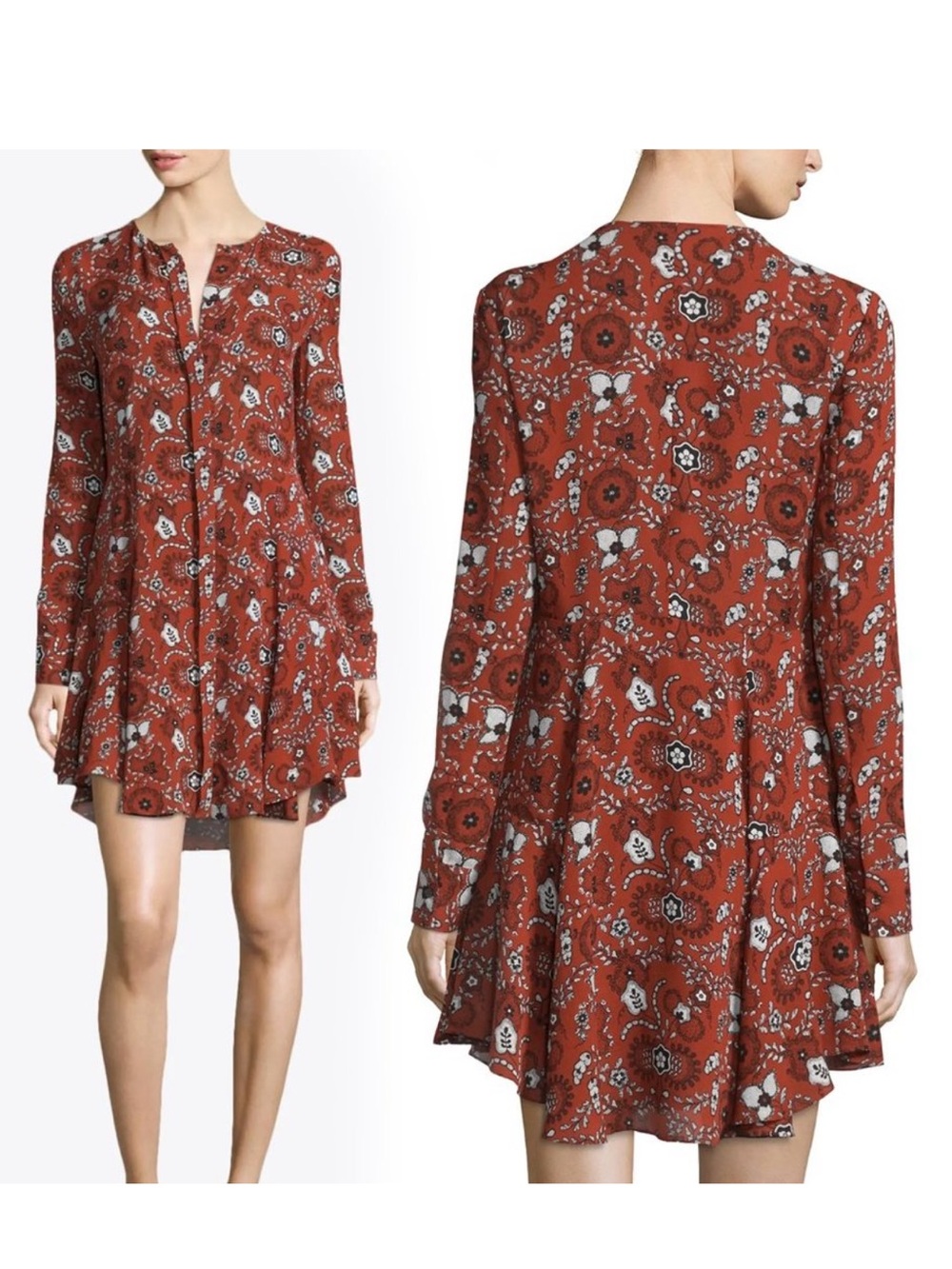 A.L.C. Randi Silk Henna Black White Paisley Long Sleeve Shirtdress size 6